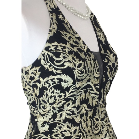 Windsor Halter Black Gold Embroider Open Back Fit n Flare Mini Dress sizE 3 - Picture 7 of 12